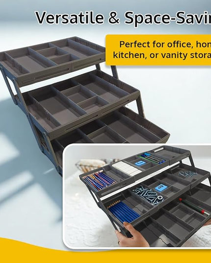 3 Tier Drawer Organizer, Multi Level Smart Drawer Organizer for Desk, Expandable Organizer for Office, Makeup, Jewelry, Kitchen, Folding Storage for Home and Office Drawers - Gray