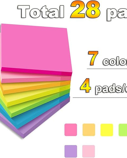 (28 Pads) Sticky Notes Bulk 3x3 in Post Bright Stickies Colorful Super Sticking Power Memo Pads, Strong Adhesive