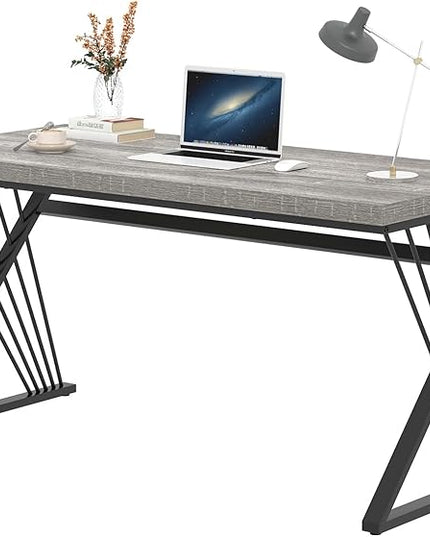 FOLUBAN Modern Desk, Rustic Wood and Metal Computer Desks for Home Office, Simple Study Writing Work Table for Bedroom Living Room, Light Grey, 60 Inch