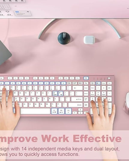 FENIFOX Wireless Keyboard and Mouse, Rechargeable USB C Combo Silent Quiet Compact Full Size Flat with Number Pad Soft Cover for Mac MacBook iMac Windows PC Laptop Computer Office - Pink & Rose Gold