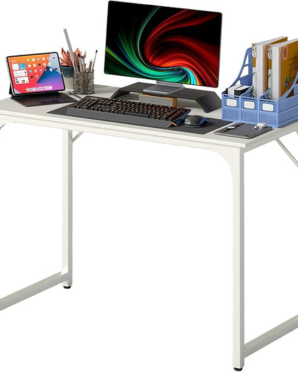 PayLessHere | 39 Inch Computer Desk | White | Office Desk with Metal Frame, Adjustable Feet | Water-Resistant, Scratchproof Surface | Sturdy Writing Table for Home Office or Study | Pack of 1