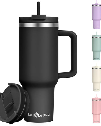 40oz Tumbler with Handle,Double Wall Vacuum Reusable Stainless Steel Insulated Water Bottle,With Leak Proof lid and Straw for Iced or Cold Beverages (Black)