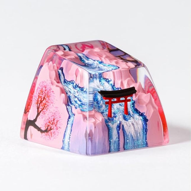 Japanese Shrine Artisan Keycap Red Torii Gate Spring Sakura Waterfall R1 SA Profile Custom 1U ESC Handmade Gaming Resin Key Cap Cherry MX Switch Compatible Mechanical Keyboard Japan Lover Gift