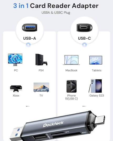Dockteck SD Card Reader, 5G Super Speed USB3.0 SD/TF Card Reader, 3-Slot USB A/C to SD/Micro SD/USB A Memory Card Reader for UHS-I SD/Micro SD/SDHC/SDXC/MMC, Support OTG for Plug&Play (Pack of 2)