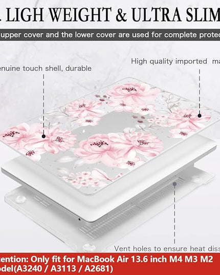 CISSOOK Compatible with MacBook Air 13.6 inch Case M4 M3 M2 Chip 2025 2024 2023 2022 Release, Plastic Hard Shell Case Keyboard Cover Screen Protector for Mac Air 13 A3240 A3113 A2681, Cute Pink Flower