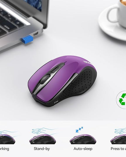 TECKNET Wireless Mouse (2.4G & BT5.0/3.0) Silent 4800 DPI Computer USB A & Bluetooth Mouse 6 Buttons, Wide Compatibility - Purple