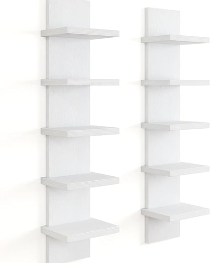 5 Tier Wall Shelf Unit, Decorative Wall Mount Vertical Shelving, Floating Storage Home Decor Organizer Tall Tower Design Utility Shelving Bedroom Living Room, Modern White 2Pack