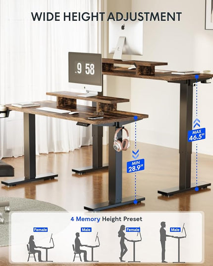 FLEXISPOT Standing Desk with Monitor Stand, 48 x 24 Inches One-Piece Electric Height Adjustable Computer Desk with Cup Holder, Home Office Desks (Black Frame+ Rustic Top)