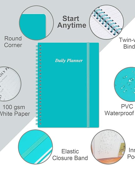 Daily Planner Undated - A5 To Do List Notebook Hourly Schedules, Spiral Appointment Planner for Women and Men, PVC Hardcover, Inner Pocket, Elastic Closure, 5.8" x 8.3", Teal