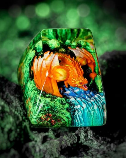 Orange Dragon with Waterfall Artisan Keycap R1 SA Profile Custom Fantasy Dragons Keycaps 1U ESC Handmade Gaming Resin Key cap Cherry MX Switch Compatible Mechanical Keyboard Gift for Dragon Lover