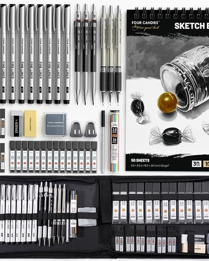 Four Candies 52pcs Art Supplies Sketching & Drawing Kit with 10 Micron Fineliner Pens, 6 Drafting Mechanical Pencils,3-Color Sketchbook,27 Lead Refills,School Supplies Gifts for Beginners Adults Teens