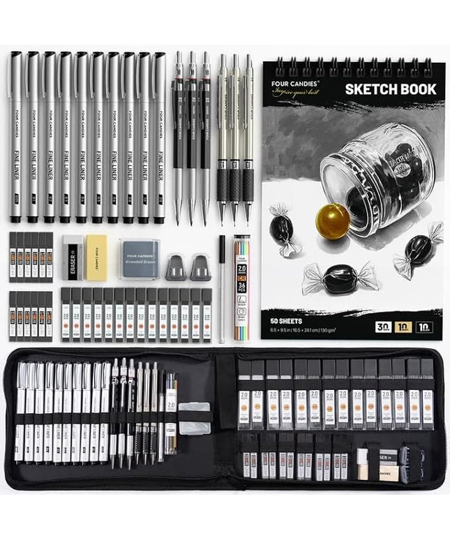 Four Candies 52pcs Art Supplies Sketching & Drawing Kit with 10 Micron Fineliner Pens, 6 Drafting Mechanical Pencils,3-Color Sketchbook,27 Lead Refills,School Supplies Gifts for Beginners Adults Teens