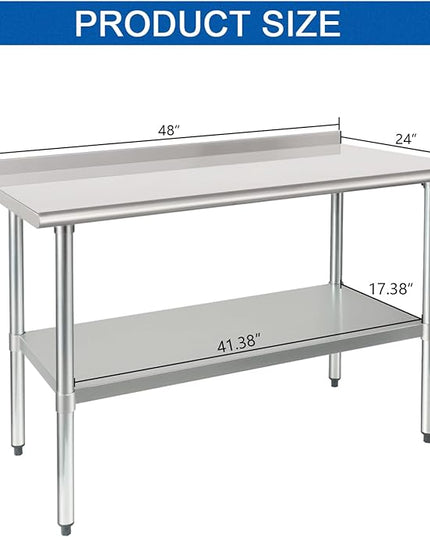 HARDURA Stainless Steel Table Prep & Work Table 24 x 48 Inches NSF Heavy Duty Commercial with Undershelf and Backsplash for Restaurant Kitchen Home and Hotel