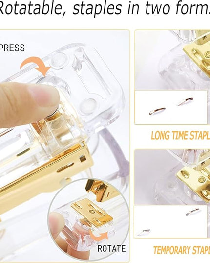 Gold Desk Accessories, Acrylic Stapler, Staple Remover, Tape Holder, Pen Holder, Ballpoint Pen, Scissor, Binder Clips, 1000pcs Staples, Phone Holder, Ruler, Transparent Glue and 300 Notes