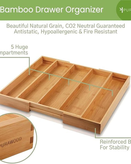 Purawood Kitchen Drawer Organizer - Expandable Utensil Drawer Organizer for Kitchen, Cutlery Tray & Silverware Organizer, 3-5 Slots - Bamboo Organizer for Utensils & Flatware (Natural)