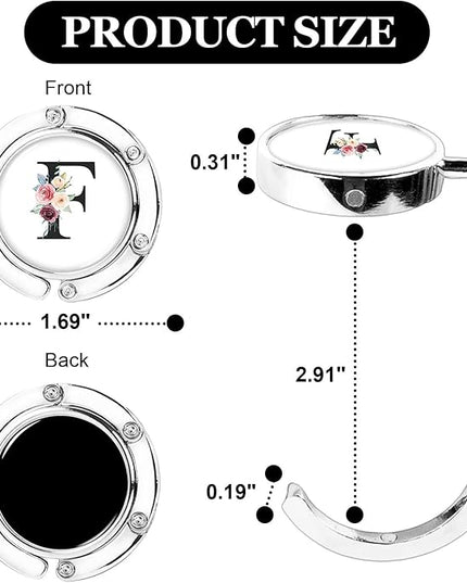 XSUIOY 3Pcs Personalized Initial Foldable Purse Hook for Table,Crushed Flower Letters Folding Purse Hanger,Purse Holder Handbag Hanger Collection Desk Table Bag Hooks Gifts for Women Bag(Black-F)