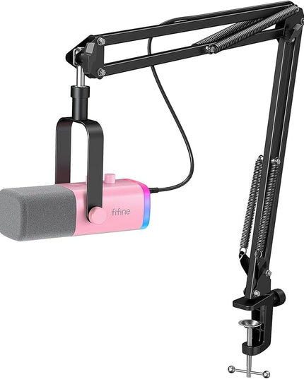FIFINE XLR Gaming Microphone USB, PC Dynamic Microphone Kit for Vocal, Recording, Podcast, Streaming RGB Mic with Headphone Jack, Mute Button, Boom Arm Stand for Computer/Mixer-AmpliGame AM8T Pink