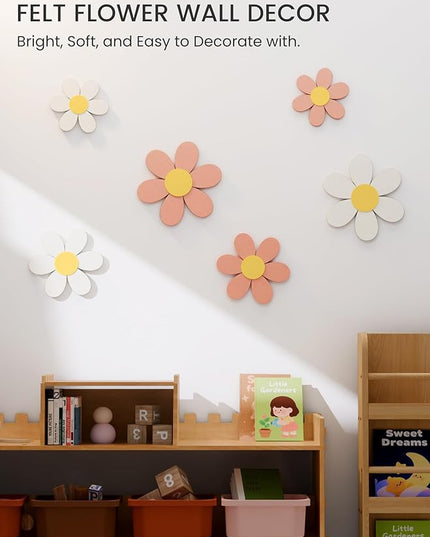Fluxynara 6 PCS Daisy Felt Flower Wall Decor, Daisy Bulletin Board for Nursery & Girl Room, 3-Size Acoustic Felt Wall Art for Bedroom, Baby’s Room, Kids’ Spaces, Pink/White