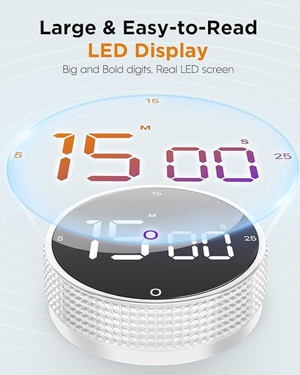Upgrade Digital Kitchen Timer - Magnetic Countdown Countup Visual Pomodoro Timer with Large LED Display, 3-Preset Times (5, 15, 25), 3 Volume Levels, Ideal for Cooking, Baking and Fitness (1, White)