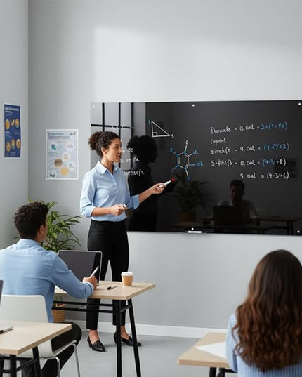 72" x 48" Black Extra Large Glass Whiteboard 6' x 4' Frameless Tempered Black Dry Erase Board with Marker Tray for Interactive Office, Wall Mounted Frosted Glass White Board