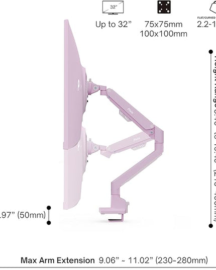 Pixio PS1S Wave Pink Single Monitor Arm Stand Desk Mount - Fits up to 32 inches Monitors and up to 19.8lbs. VESA Compatibility and Integrated Cable Management