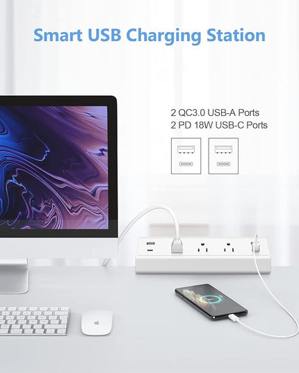 Desk Clamp Power Strip,40W Fast Charging Station,Desktop Mount Surge Protector,2 PD 20W USB C Ports,3 Outlets for Home,Office,Fit 1.9" Tabletop Edge (White, 3 Outlets & 4 USB Ports & 25 FT Cable)