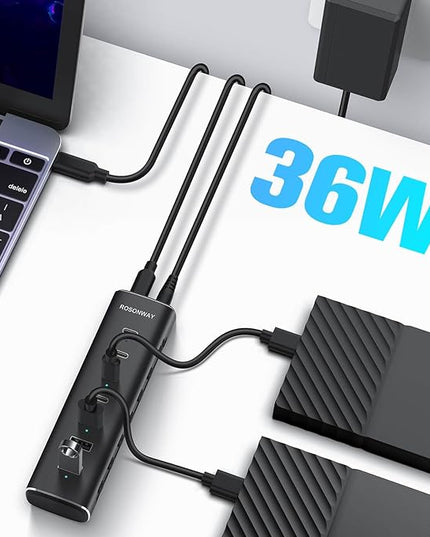 Rosonway 7 Ports Powered USB 3.2/USB C Hub 10Gbps with 4 USB-C 3.2, 3 USB-A 3.2 Ports, 3.3ft Cable and 36W(12V/3A) Power Adapter, Aluminum USB Splitter for Laptop, RSH-H7C4