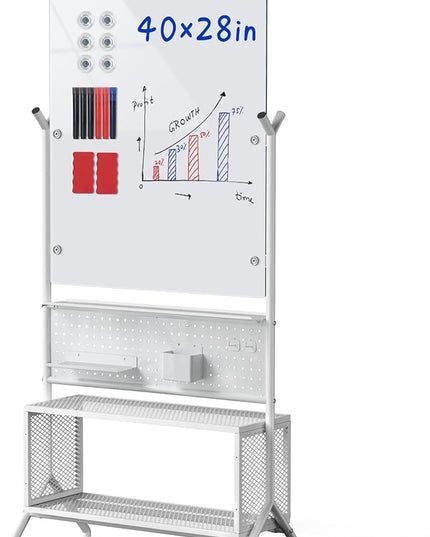 40 x 28 inch Mobile Magnetic Glass Whiteboard, Double-Sided Board with Felt Back and Storage for Office & Classroom, Black