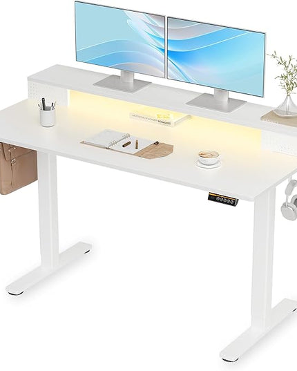 Claiks Electric Standing Desk with Shelf, 55 Inch Height Adjustable Standing Desk with LED Lights & Monitor Stand, White Frame/White Top
