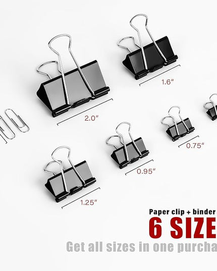 Binder Clips & Paper Clips Combo, 208 PCS Binder Clips (6 Sizes) + 200 PCS Paper Clips – Black for Office, Home & School Supplie (Black)