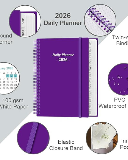 Daily Planner 2026 Full Page Per Day- 2026 Daily & Monthly Planner from January 2026 to December 2026, Day Planner 2026 with 12 Months Tabs, 6.4" x 8,5", Purple