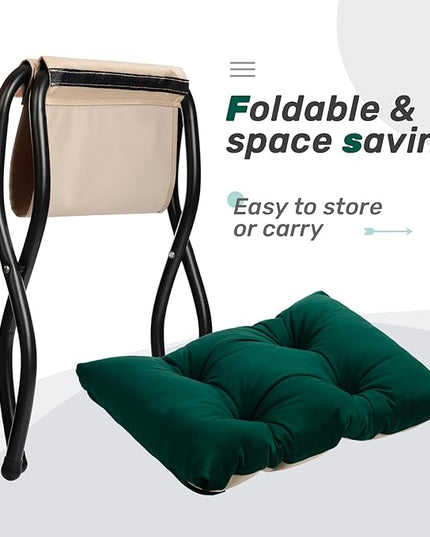 HollyHOME 15"(H) Folding Footrest Stool, Upholstered Small Foldable Ottoman, Accent Padded Sofa Foot Stool for Lazy Chair, Metal Frame Portable Foot Rest Ottoman for Home, Living Room, Bedroom, Green