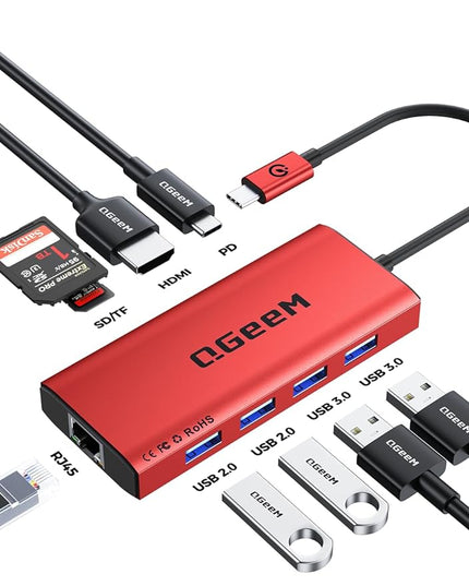 QGeeM USB C Hub Ethernet,9 in 1 USB Type C Hub HDMI Multi-Port Converter Adapter,100W Pd, USB 3.0,SD/TF Card Reader,Compatible for MacBook Pro Air Ipad HP Dell Lenovo Chromebook etc.-Red