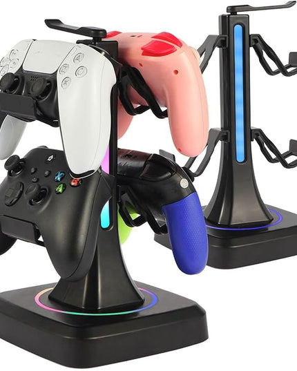 Controller Headset Stand with 10 Color Light Modes - RGB Headphone Holder for PS5, Xbox, Switch - Gaming Room Decor, Desk Organizer for Gamers