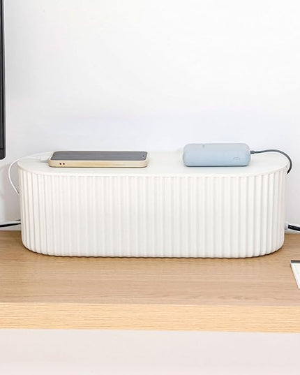 White Cable Management Box, Plastic Cable Box Organizer with Lid for Wire, Power Strip, Surge Protector, Extension Cords Hider Cover Under Home Office Desk and Floor (Large)