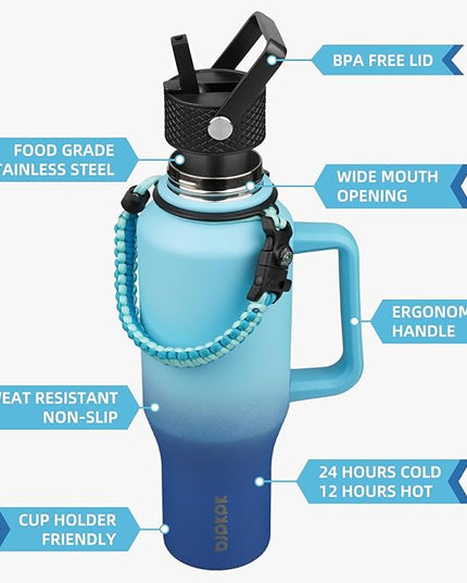 BJPKPK Insulated Water Bottles with Straw Lid, 35oz Metal Water Bottle with 2 lids & Paracord Strap, Double Wall Stainless Steel Tumbler with Handle, Reusable Cups, Mugs, Thermo, Sky
