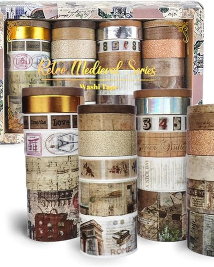 QUDUME 24 Rolls Vintage Writable Washi Tape Set, Retro Floral Butterfly Decorative Tape for Scrapbooking Junk Journal Bullet Journaling Supplies DIY Crafts