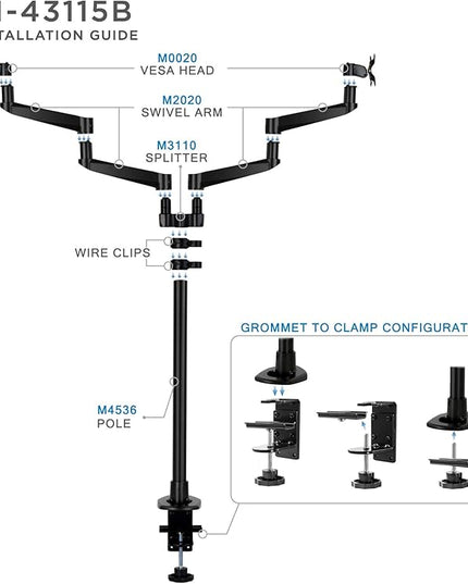 Mount-It! Premium Modular Dual Monitor Desk Mount Arms | Tilt Swivel VESA Wall Mount | Fits 13 15 17 19 21.5 24 27 Inch Computer Screens with 75 100 VESA Patterns | C-Clamp and Grommet Bases | Black