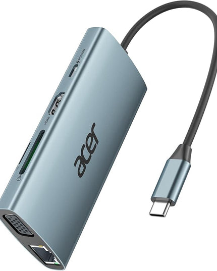 Acer USB C Hub with 4k HDMI, 9-in-1 USB C to Ethernet Adapter, 5Gbps USBA 3.0 Docking Station, VGA Splitter, SD Card Reader, PD 100W Charging for MacBook, Acer, Laptops, Surface and More