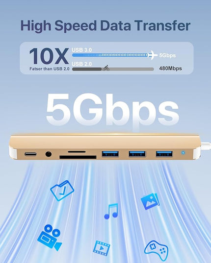 USB C/USB Hub Multiport Adapter,USB 3.0 Hub Aluminum 8 in 1 USB Splitter with SD/TF Card Reader,1 x USB 3.0, 3 x USB 2.0, 1 x USB C,and 3.5mm Audio Output for MacBook Pro Air,iPad Pro,Laptop-Gold
