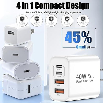 iPhone 17 16 Charger,4-Port USB C Charger Block Fast Charging 2Pack 40W Apple Wall Charger with 10FT USB C to C Woven Braid Cable Cord for iPhone 17 Pro Max/17 Pro/17/Air/16e/16 Pro Max/16 Plus/15