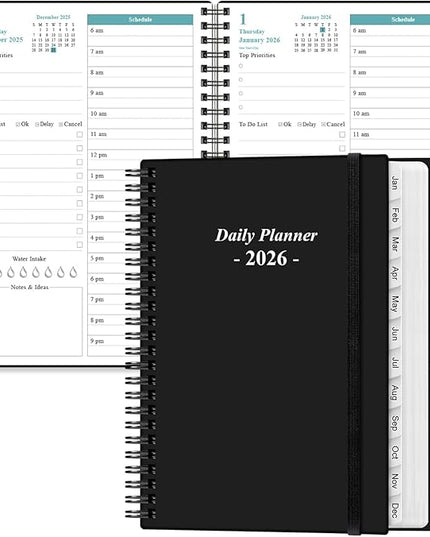 Daily Planner 2026 Full Page Per Day- 2026 Daily & Monthly Planner from January 2026 to December 2026, Day Planner 2026 with 12 Months Tabs, 6.4" x 8,5", Black