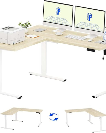 FLEXISPOT L Shaped Standing Desk, 63 x 55 Inch Electric Height Adjustable Corner Desk, Sit Stand Computer Workstation, Preset Controller, Home Office, White Frame with Maple Top