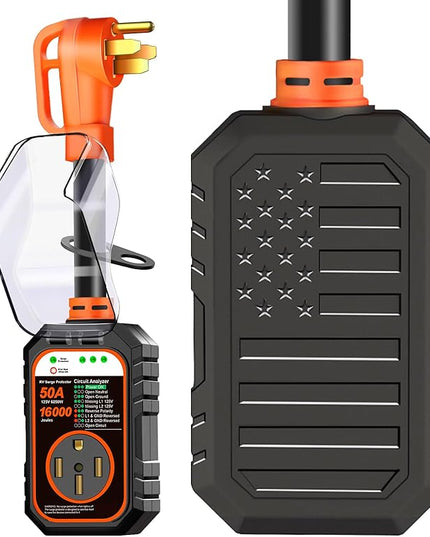 RV Surge Protector 50 Amp Flag Design - Upgraded 16000J Power Surges Voltage Protection Circuit Analyzer IP68 Waterproof Cover for 50A RVS Camper Trailer Must Haves (50Amp, Orange)