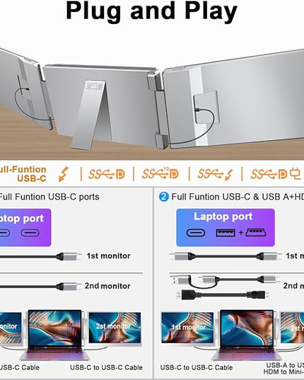 FQQ S7 Laptop Screen Extender,14-inch Portable Travel Triple Monitor-Left Screen 360° Flip,FHD 1200P IPS Triple Screen Laptop Monitor Extender for 12-16.5" Laptops,Compatible with Win and MacBook,Gray