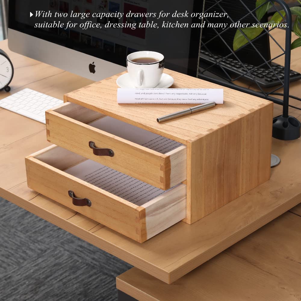 DDYURI Wooden Desk Organizer with 2 Drawers - Desktop Storage Drawers for Office Supplies File Paper Storage - Wood Chest/Small Cabinets for Jewelry Dresser Kitchen Counter (FAX2C-LT）