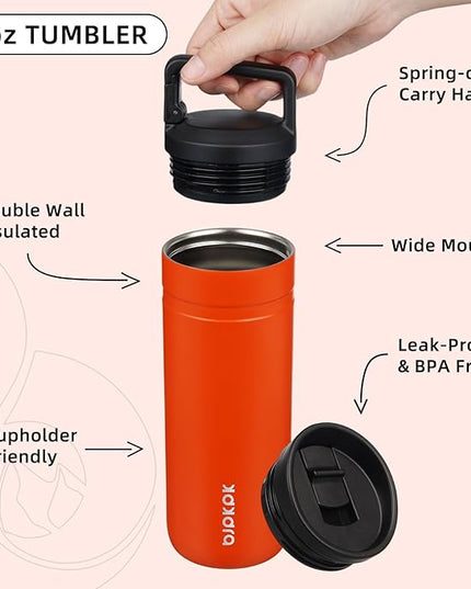 BJPKPK Insulated Water Bottle with 2 Lids,20 oz Double Wall Stainless Steel Vacuum Tumbler Travel Coffee Mug,Wide Mouth Thermal Cup,Orange