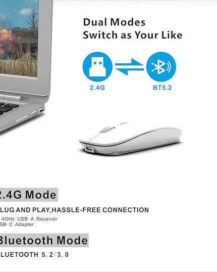 HOTDREAM Bluetooth Wireless Rechargeable Mouse for MacBook Pro/Air/iPad Air/iPad Pro/Laptop/Tablet/iPhone/PC, Bluetooth 5.2/3.0 and 2.4GHz Dual Mode Mouse (White)