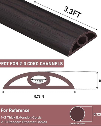 Floor Cord Cover Self Adhesive Cord Hider Floor Extension Cord Covers for Floor Power Cord Protector Cable Management Prevent Cable Trips Cable Cavity 0.32" W x 0.32" H (Dark Walnut, 3.3Ft)