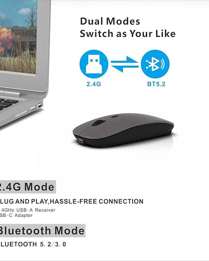 HOTDREAM Bluetooth Wireless Rechargeable Mouse for MacBook Pro/Air/iPad Air/iPad Pro/Laptop/Tablet/iPhone/PC, Bluetooth 5.2/3.0 and 2.4GHz Dual Mode Mouse (Gray)